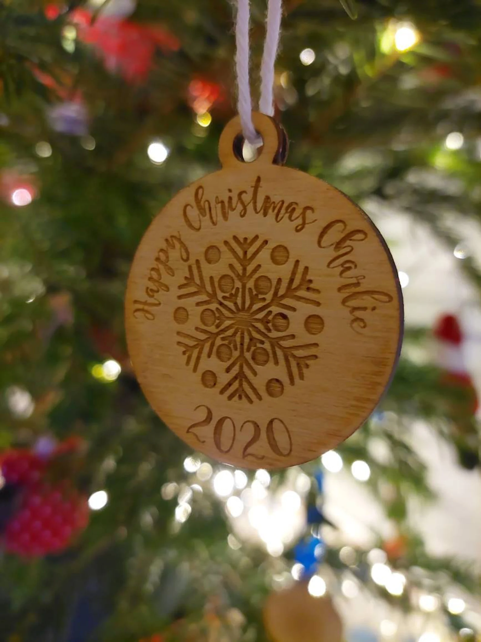 personalised wooded engraved christmas tree decoration